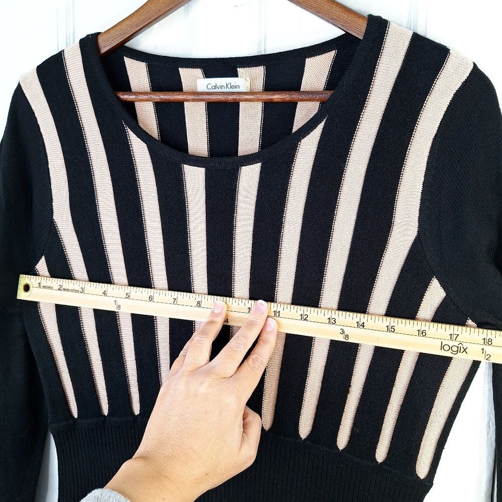 Calvin Klein Black Cream Ribbed Striped Long Sleeve Fit & Flare Knit Dress Sz L - Picture 9 of 13